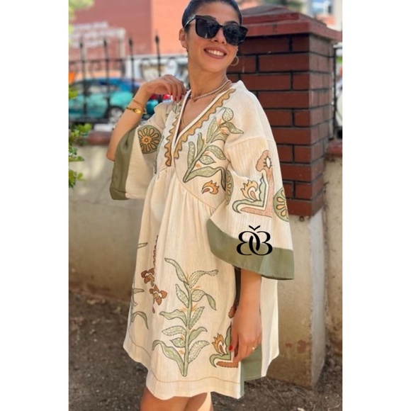 Beige & Green Boho Embroidered V Neck 3/4 Sleeve Babydoll Mini Dress - Picture 15 of 16